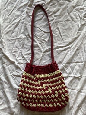 Handcrafted Burgundy and Cream Crochet Shoulder Bag